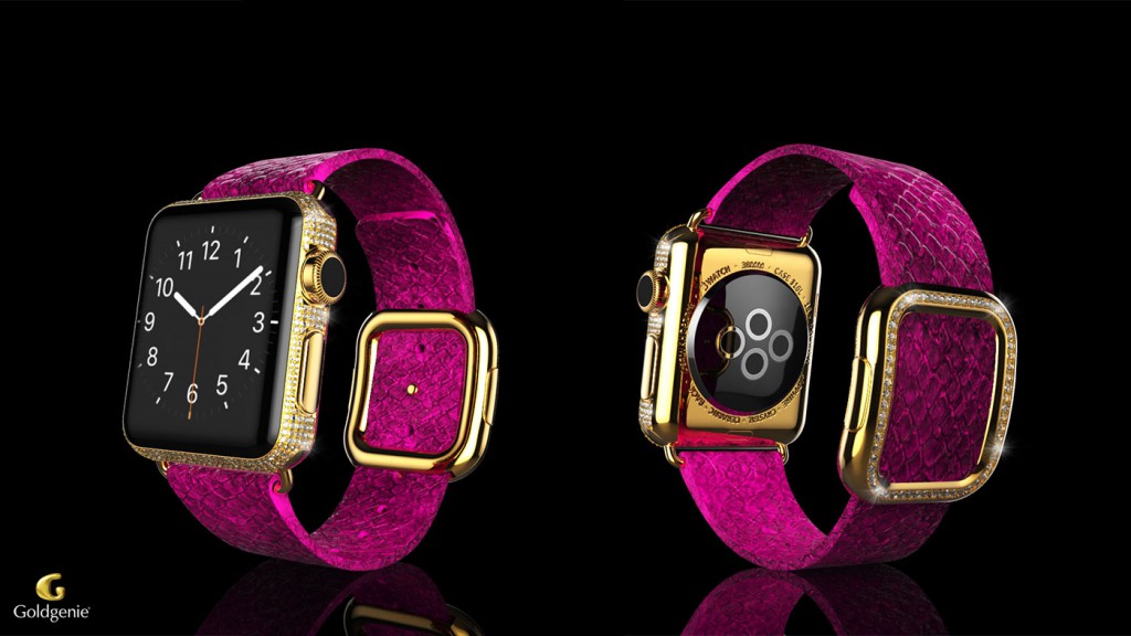 Diamond 18k Gold Apple Watch Pink Python Strap 1024x576 The Goldgenie Apple Watch Spectrum Collection Includes Pops of Colour