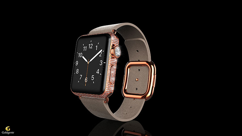 Swarovski Rose Gold Leather Apple Watch Countdown to Pre Order Launch of Goldgenie Spectrum Collection of Luxury Customised Apple Watches has begun