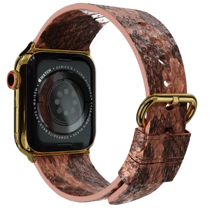 Gold Apple Watch 9 with Brown Python Strap back