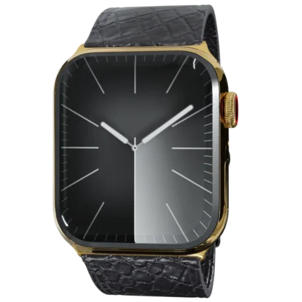 Gold Apple Watch 11 with Black Python Strap FRONT