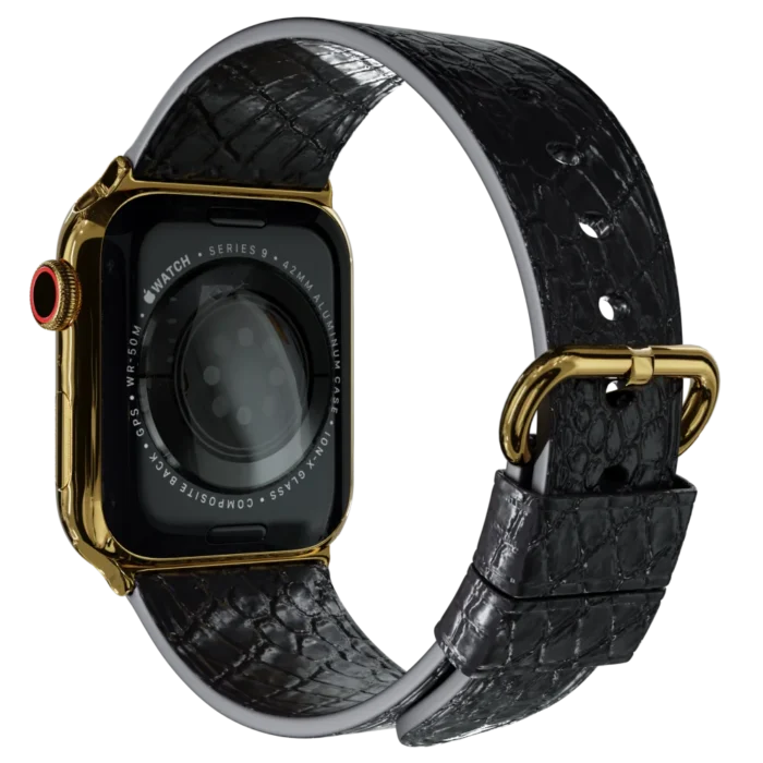 gold apple watch 11 with black python strap 2