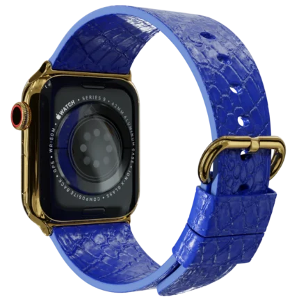 gold apple watch 11 with blue python strap 2