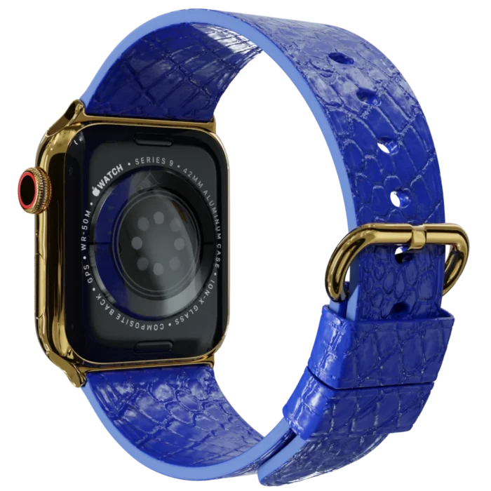 gold apple watch 11 with blue python strap 2