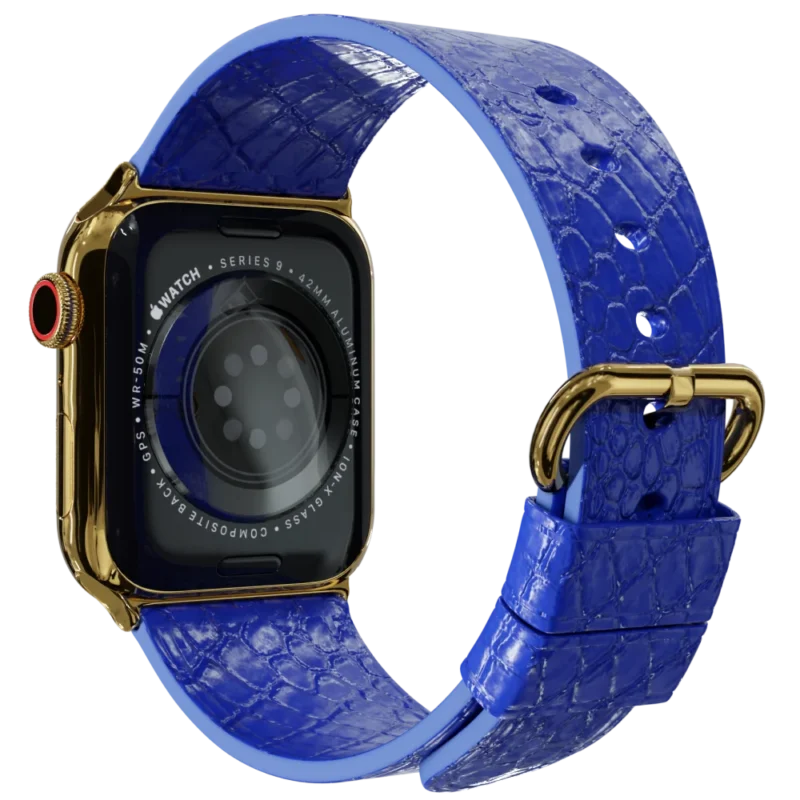gold apple watch 11 with blue python strap 2