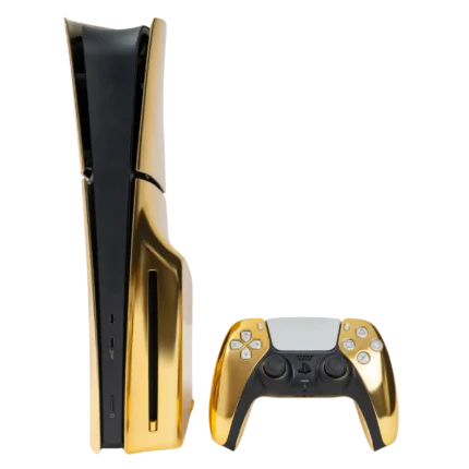 24k gold plated PS5 Slim Disc Edition showing disc drive and controller