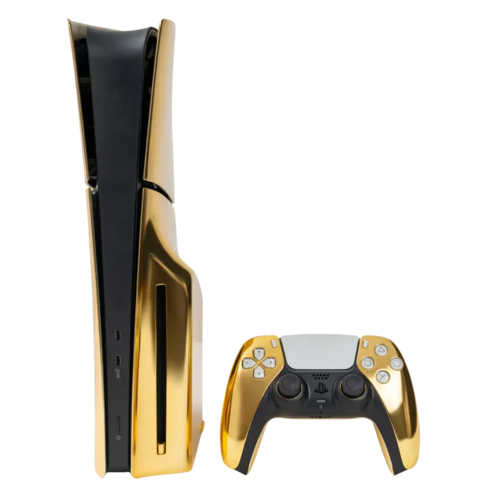 24k gold plated PS5 Slim Disc Edition showing disc drive and controller