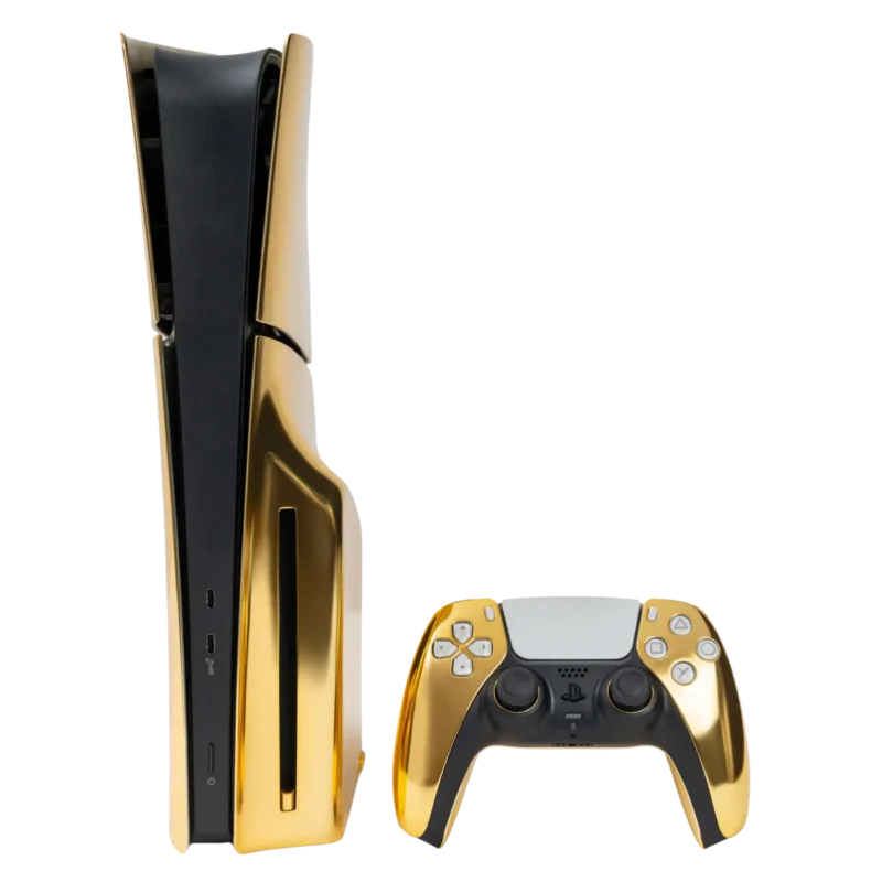 24k gold plated PS5 Slim Disc Edition showing disc drive and controller