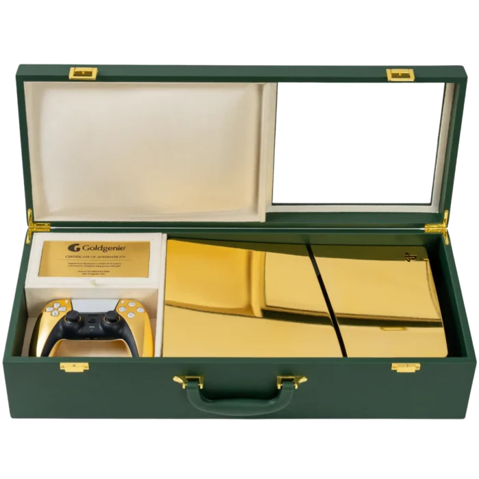 Open Goldgenie presentation case containing gold plated PS5 Slim, controller and certificate