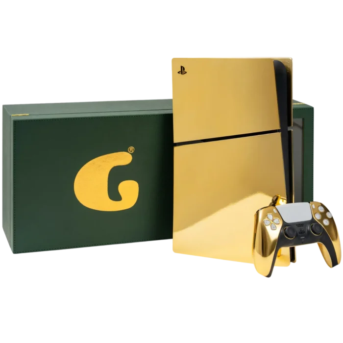 Goldgenie gold plated PS5 Slim and controller beside green presentation case