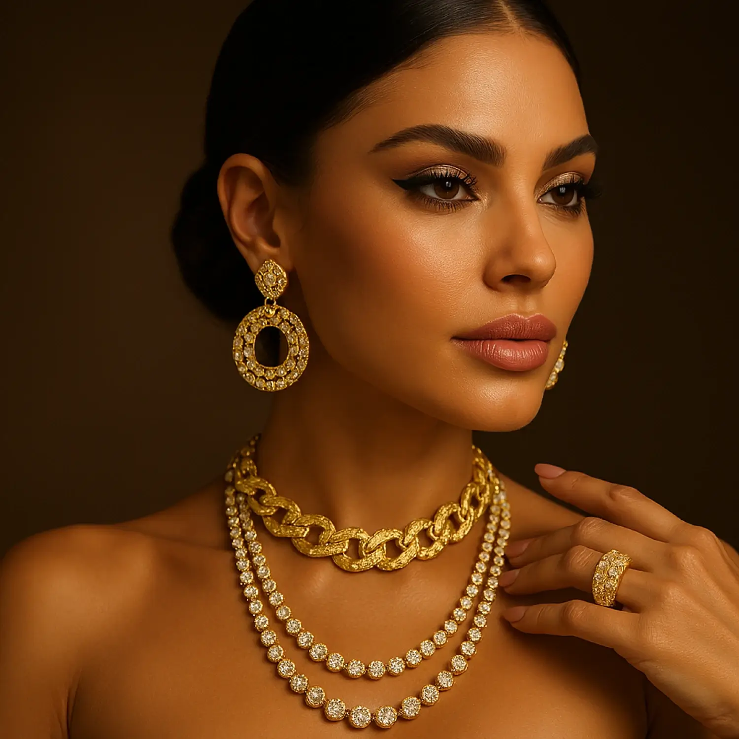 Luxury gold necklaces, earrings and ring illustrating precious metal finishing applications