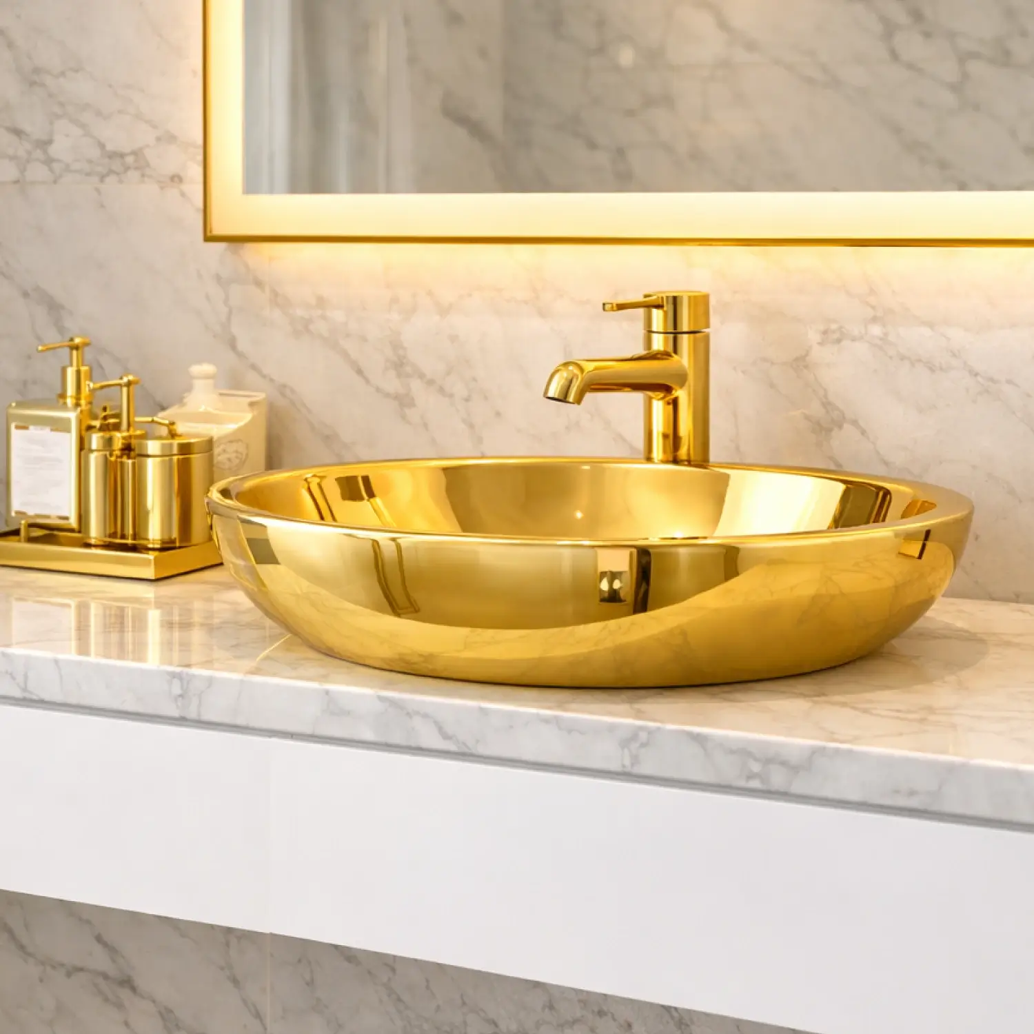 Polished gold bathroom basin and matching tap illustrating luxury decorative metal finishes