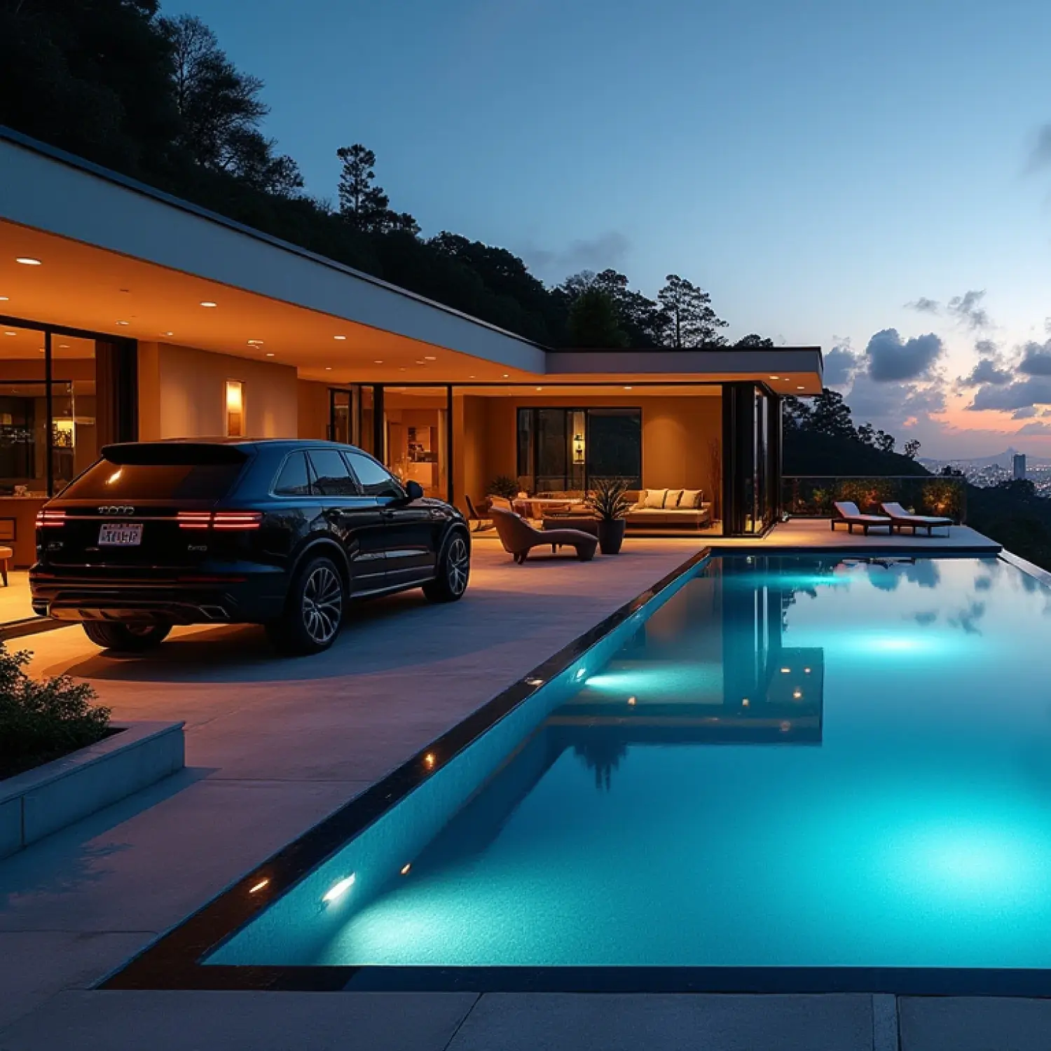 Contemporary luxury residence with infinity pool and premium vehicle, representing high-end design environments