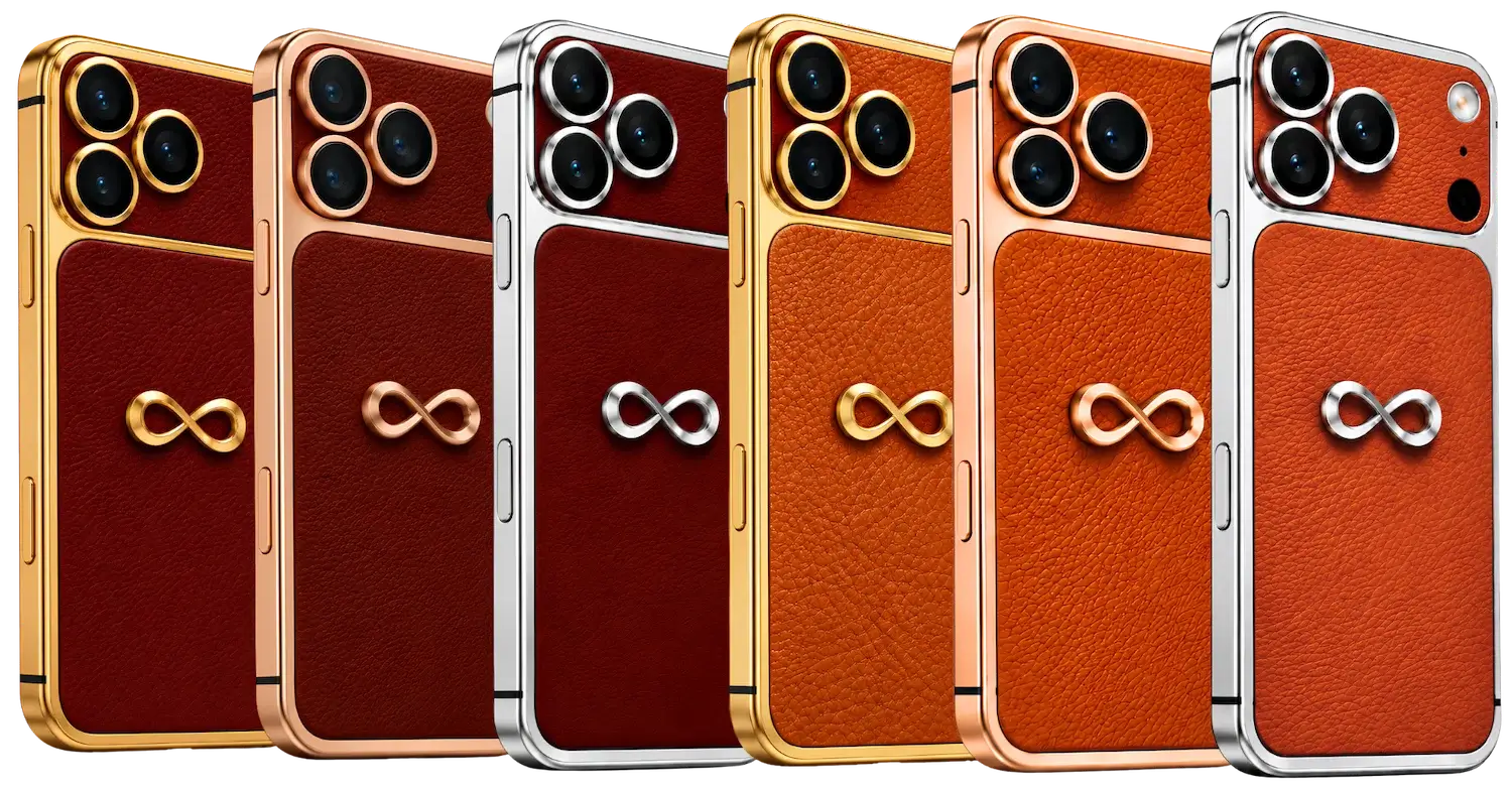 iPhone 18 Pro Max Goldgenie Infinity collection – Oxblood Red and Burnt Orange calf leather with 24K Gold, Rose Gold and Platinum finishes